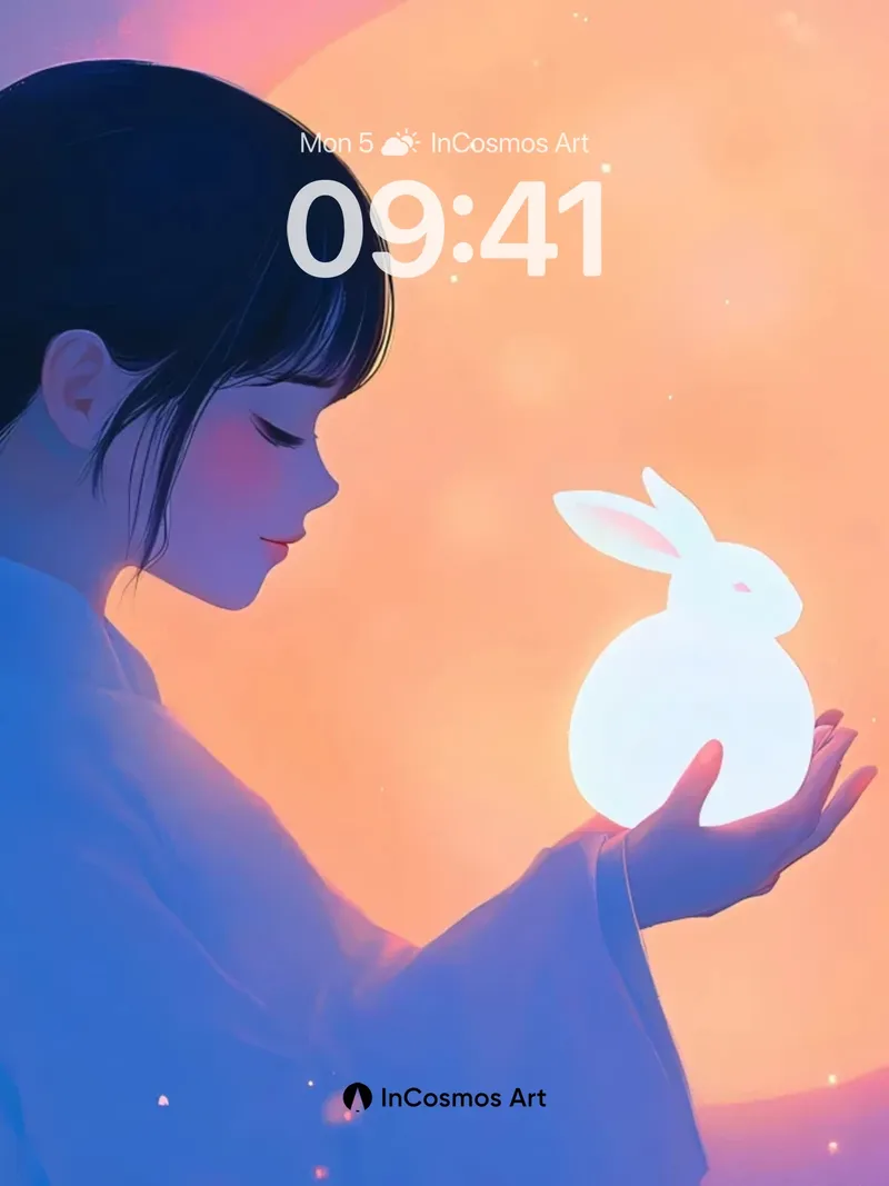 Lunar Whisper Wallpaper with Glowing Rabbit