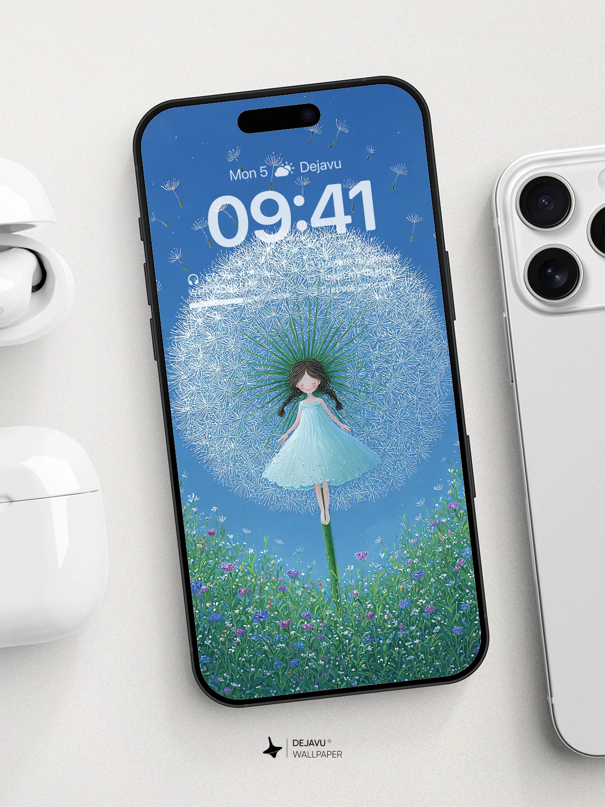 Whimsical Dandelion Girl Wallpaper 8K for iPhone and Android