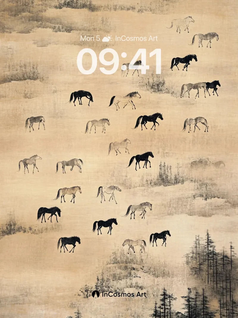 Mist-Woven Horse Herd Wallpaper with Ink Forest Depths