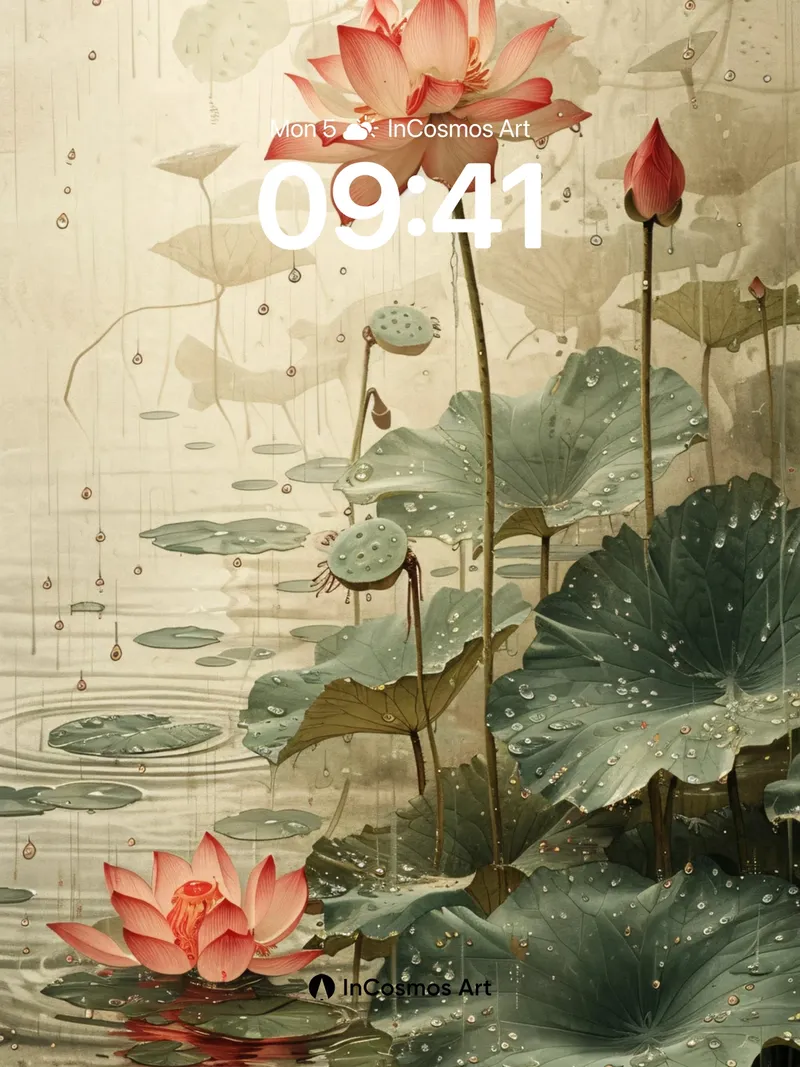 Serene Lotus Wallpaper with Dew-Kissed Leaves