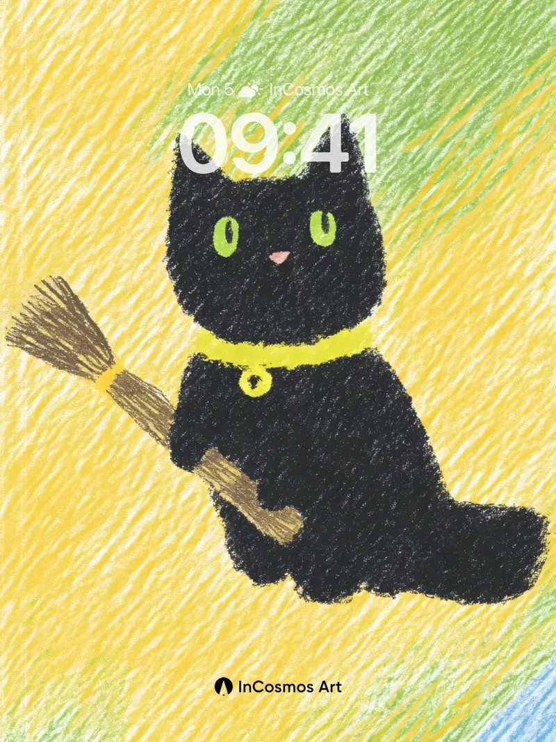 Whimsical Witchcat Wallpaper with Broomstick Charm