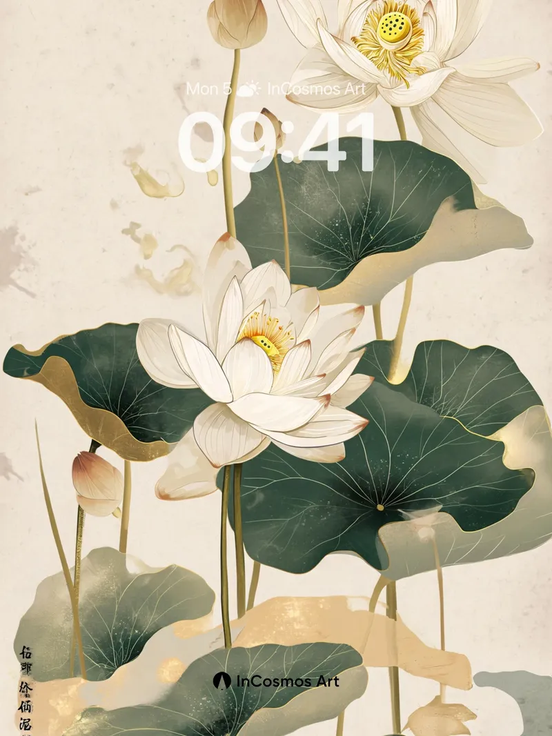 Serene Lotus Wallpaper with Ink-Washed Leaves