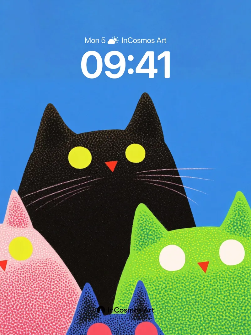 Playful Feline Constellation Wallpaper with Polka-Dot Texture