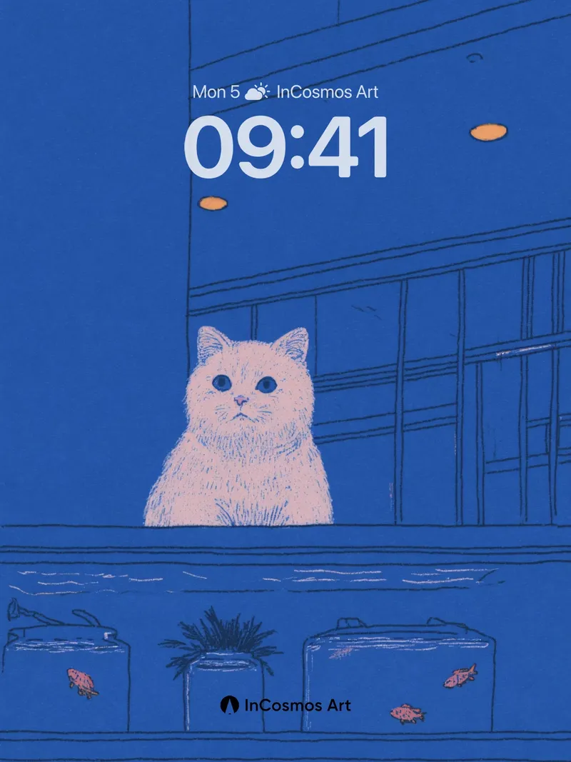Calm Blue Cat Wallpaper with Fish Tank Glow