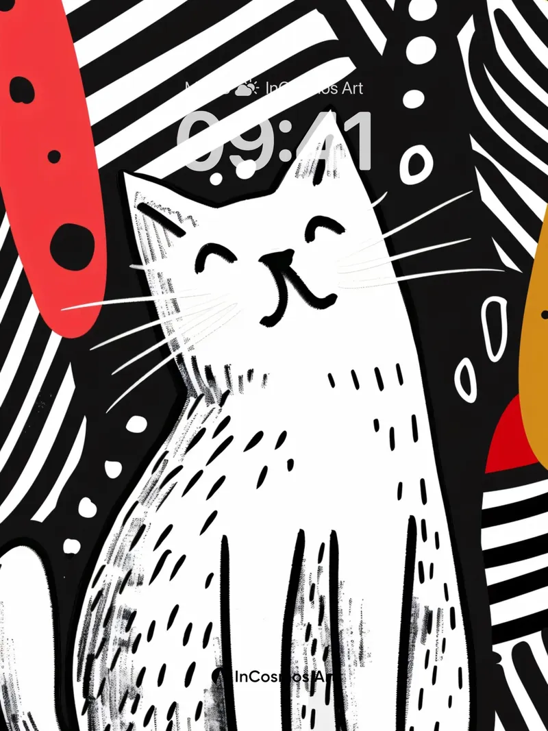 Whimsical Stripe Wallpaper with Playful Cat
