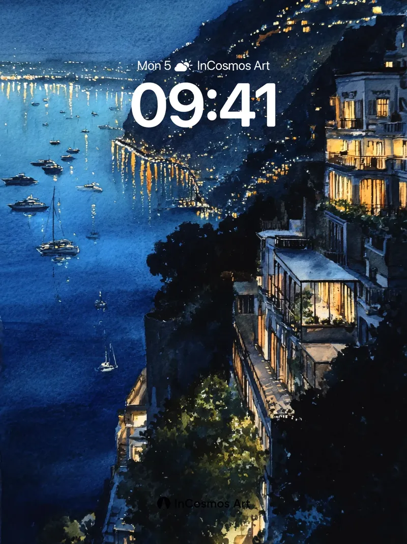 Luminous Cliffside Wallpaper with Floating Lights