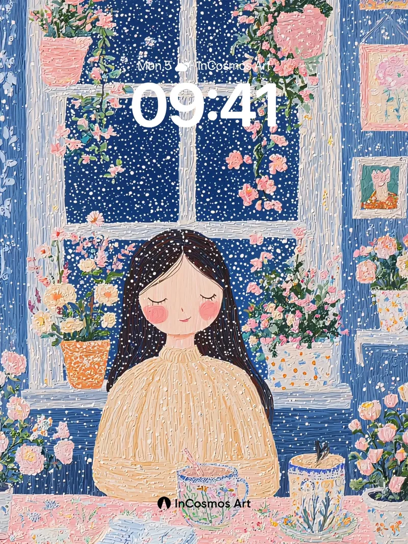 Whispering Petals Wallpaper with Starlit Window