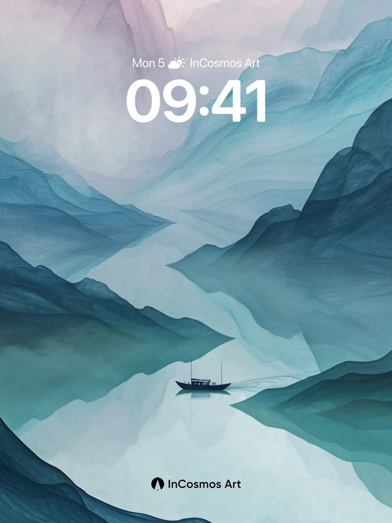Mist-Woven River Wallpaper with Floating Vessel