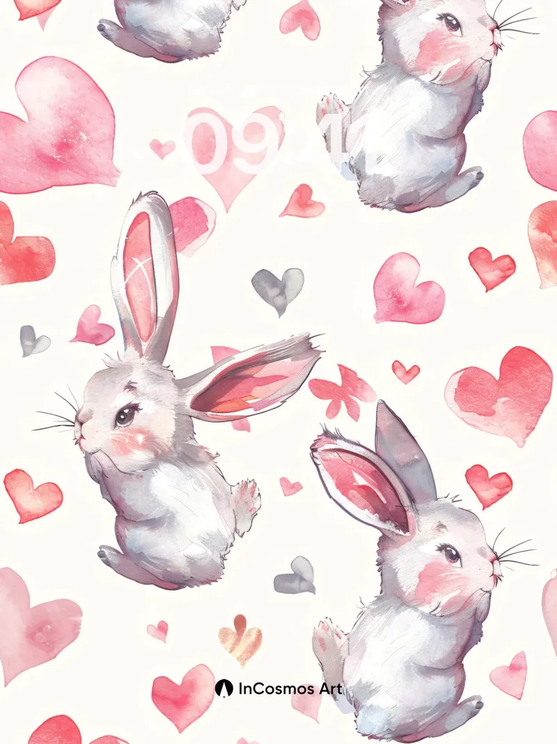 Whimsical Hare Wallpaper with Watercolor Hearts