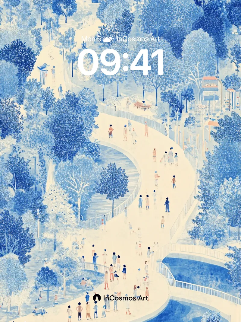 Serene Blue Forest Wallpaper with Floating Paths