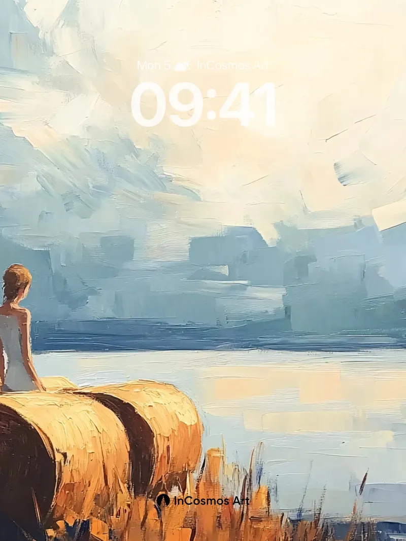 Serenity Haybale Wallpaper with Distant Sky