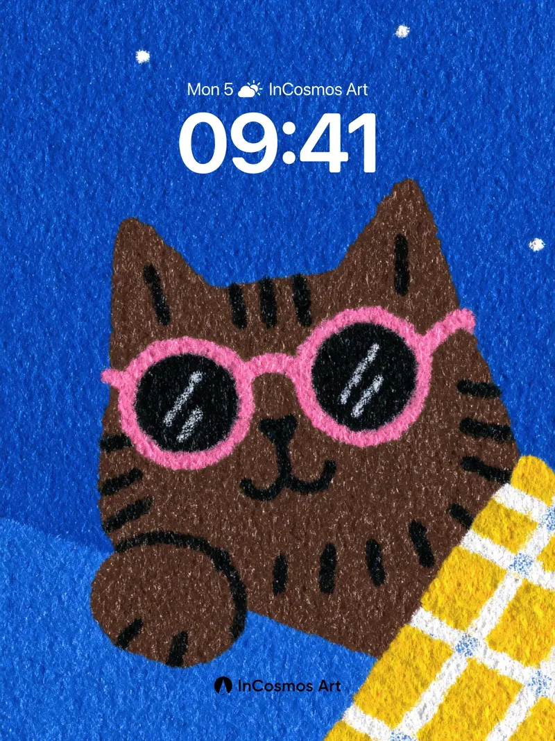 Starry Night Cat Wallpaper with Pink Glasses