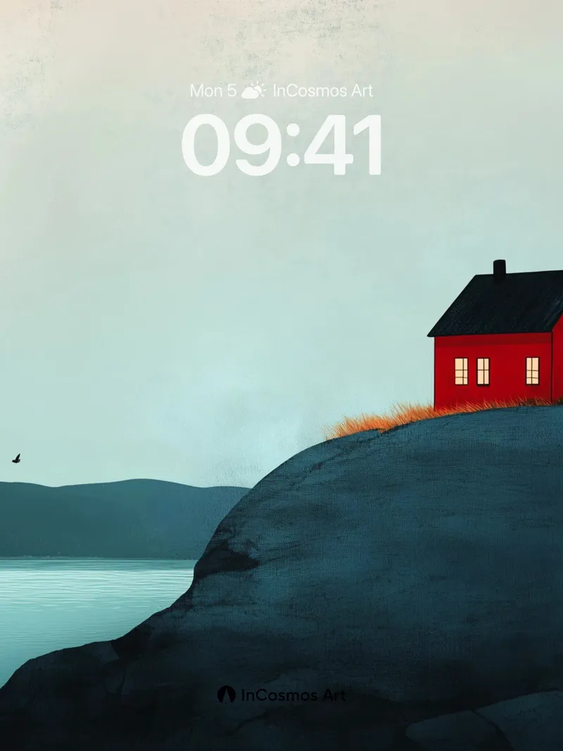 Serenity Cliff Wallpaper with Solitary Red Hut