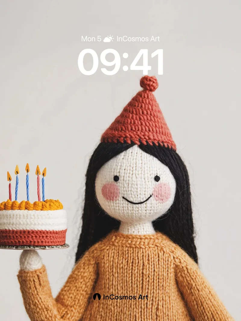 Whimsical Knit Doll Wallpaper with Birthday Cake