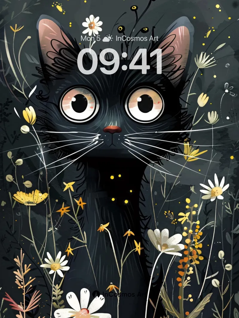 Whispering Night Cat Wallpaper with Floral Secrets