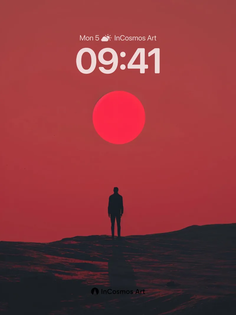 Solitary Horizon Wallpaper with Crimson Sun