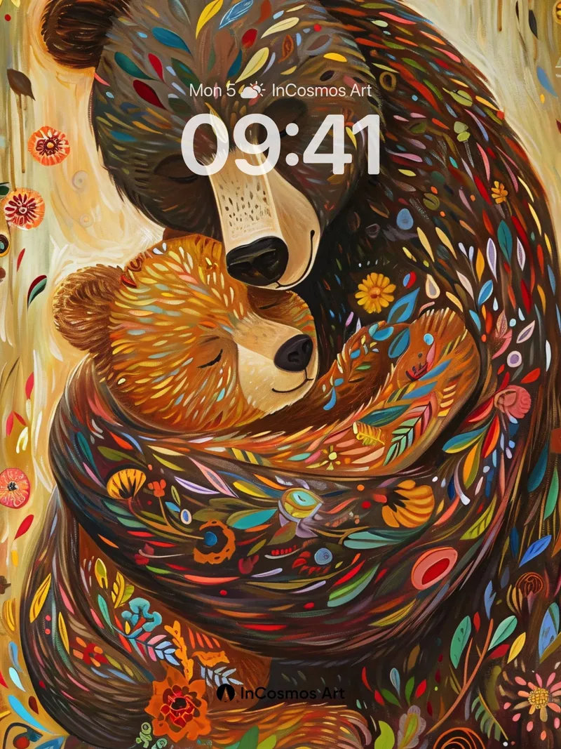 Serenity Bear Hug Wallpaper with Folkloric Patterns
