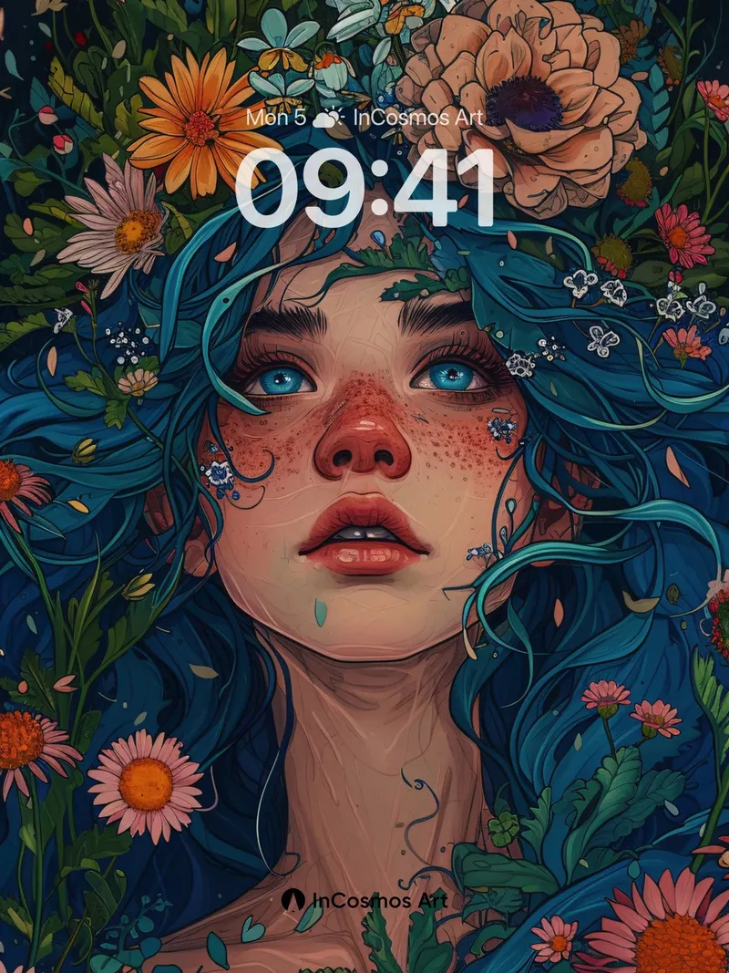 Floral Reverie Wallpaper with Teal Tresses