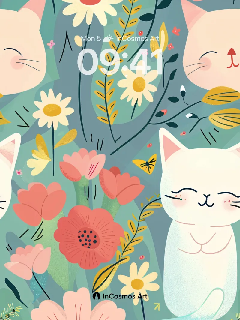Whimsical Garden Wallpaper with Sleeping Cats