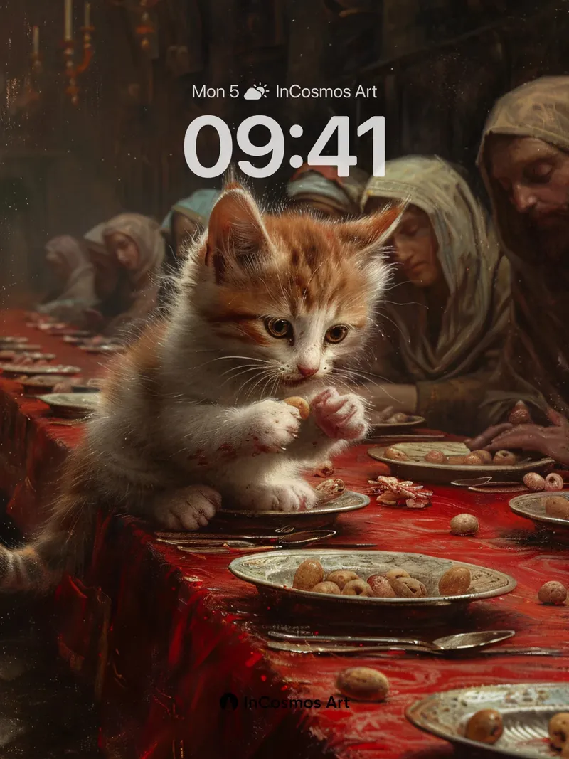 Whispering Feast Wallpaper with Kitten at the Table