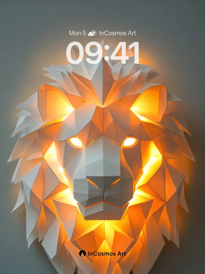 Luminous Origami Lion Wallpaper with Geometric Fire