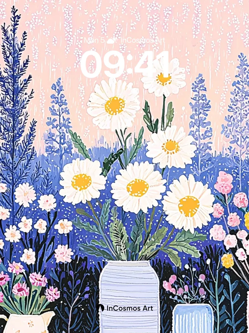 Whispering Meadow Wallpaper with Porcelain Vases