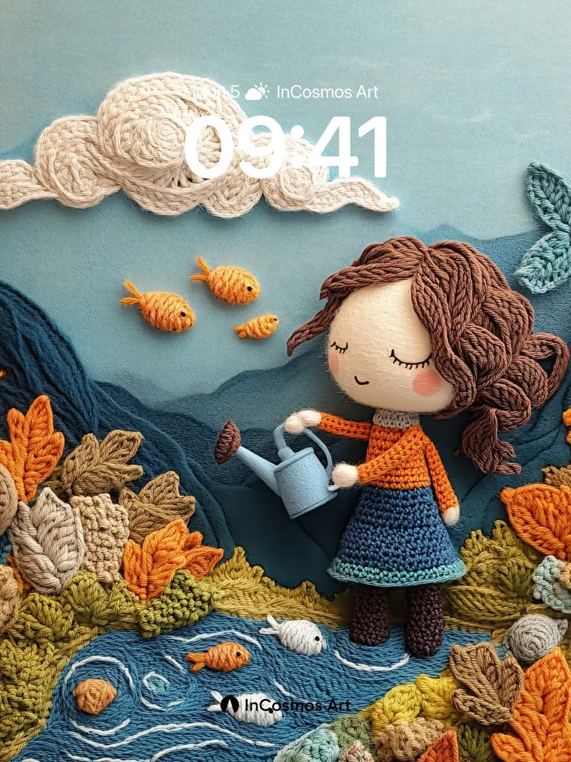 Whimsical Knit Garden Wallpaper with Floating Fish