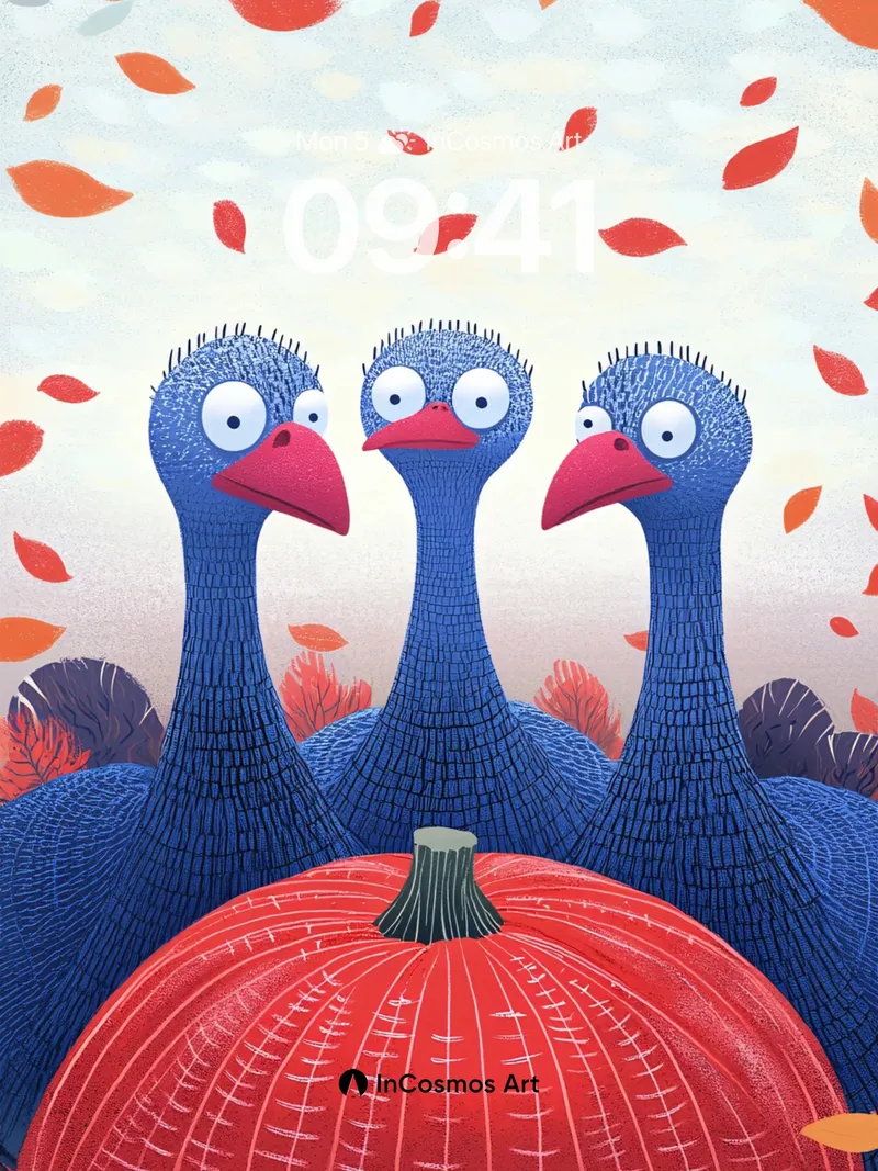 Whimsical Autumn Wallpaper with Blue Birds and Pumpkin