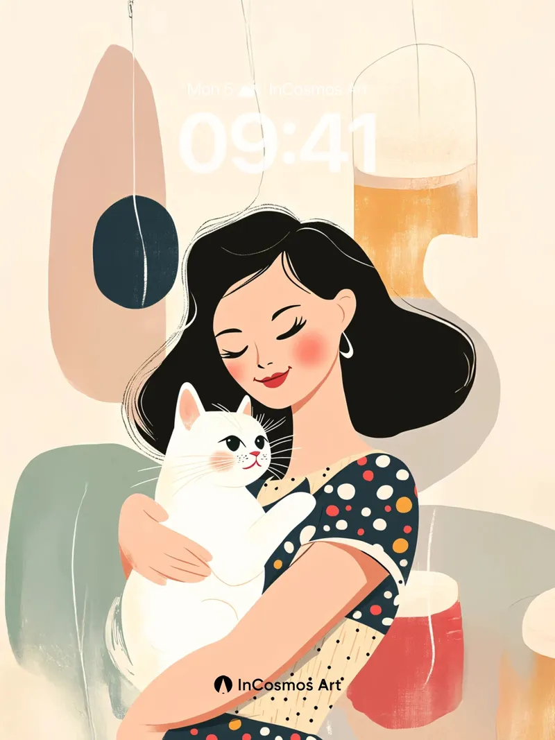 Serene Polka Dot Wallpaper with Feline Embrace