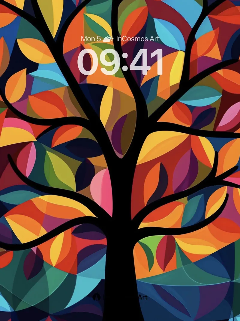 Chromatic Forest Wallpaper with Geometric Leaves