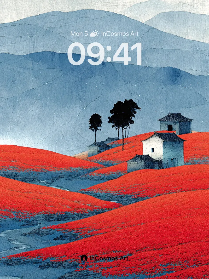 Crimson Field Wallpaper with Stone Huts and Misty Peaks