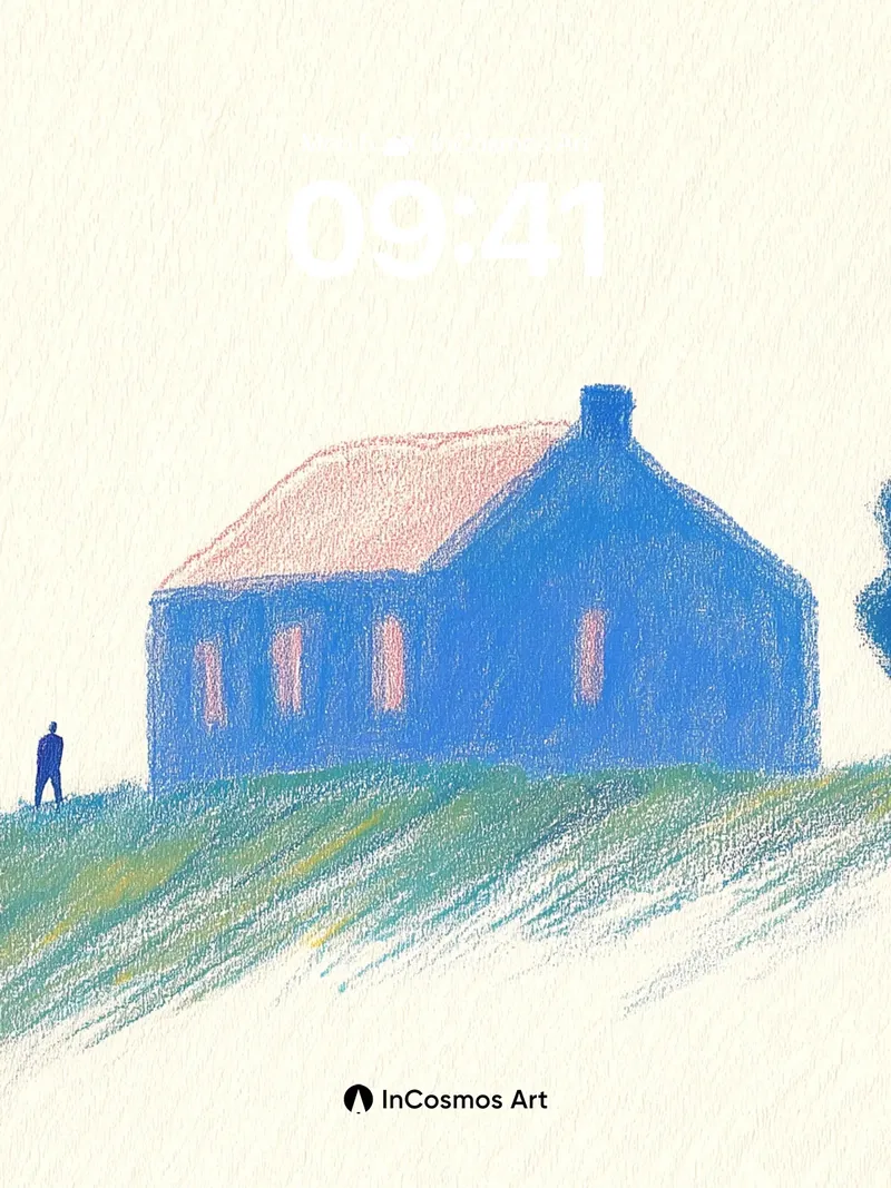 Solitary Blue House Wallpaper with Hushed Hills