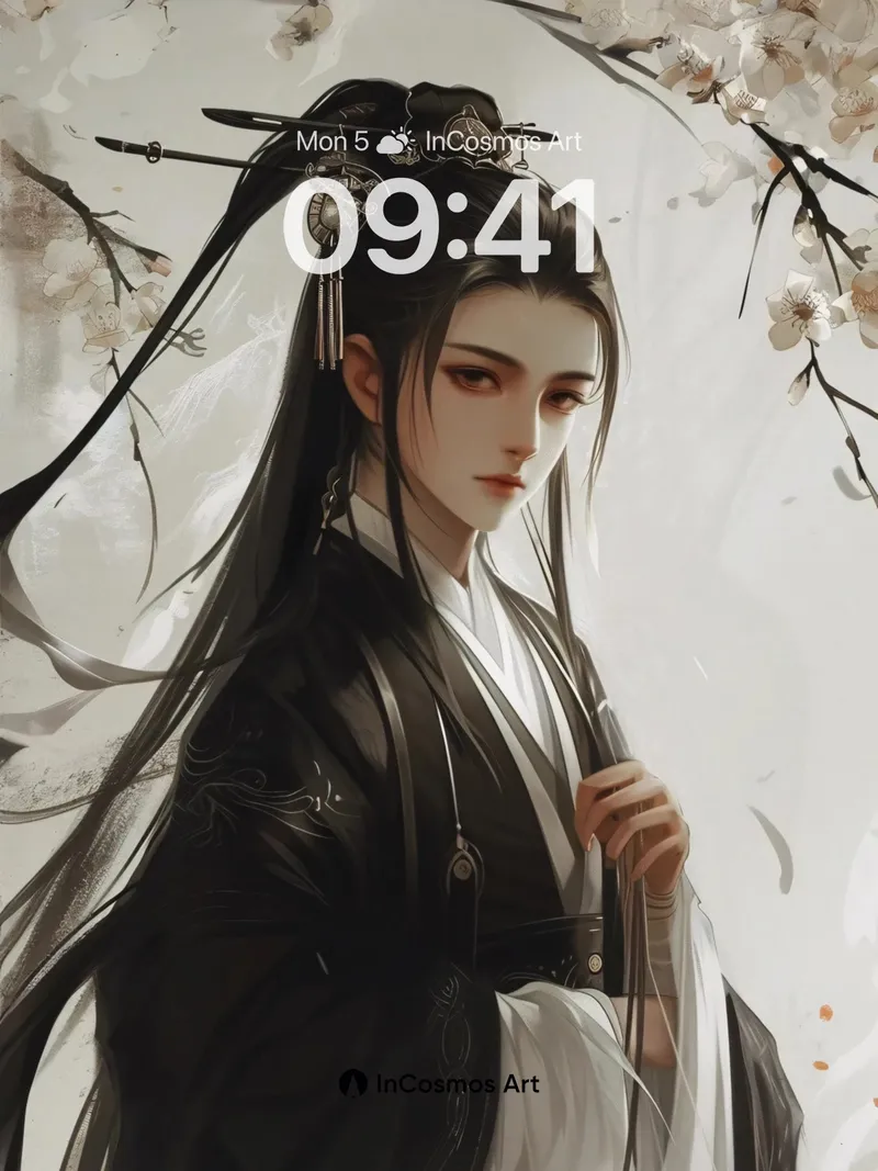 Serene Ink Portrait Wallpaper with Cherry Blossom Drift