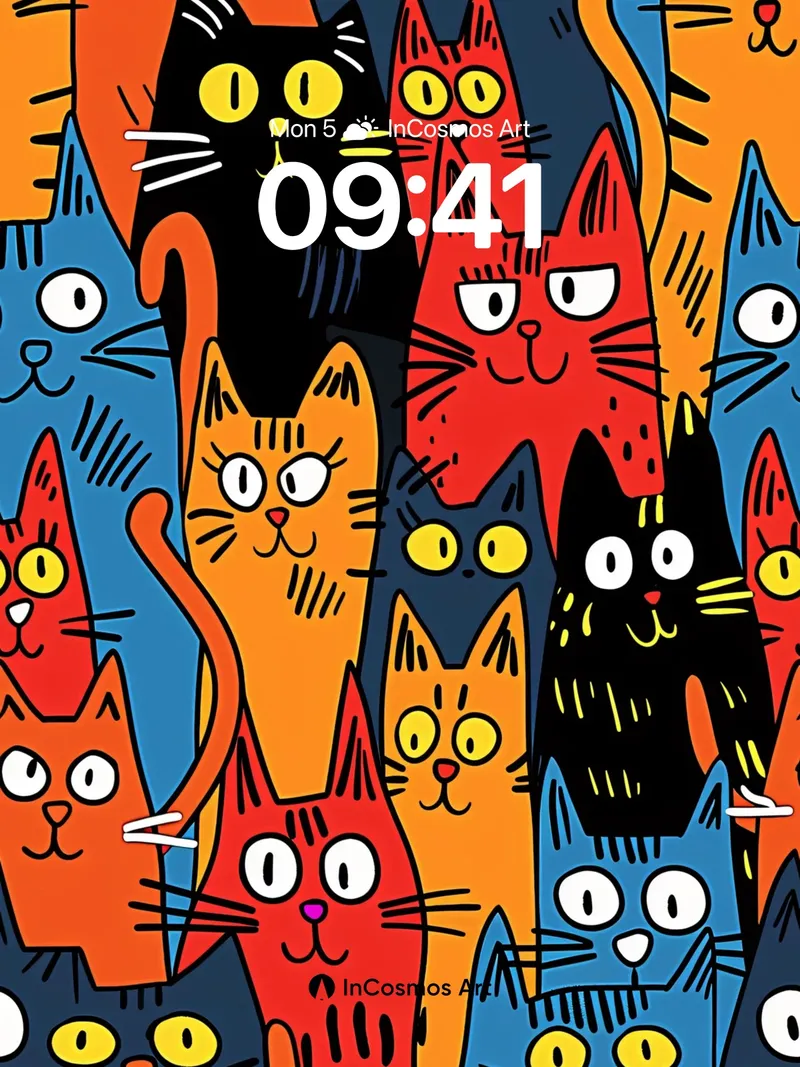 Playful Feline Parade Wallpaper with Whimsical Eyes