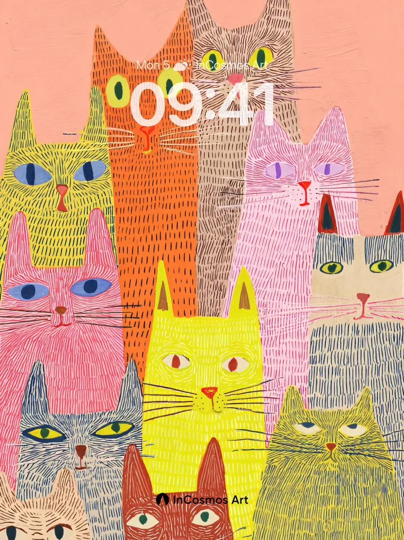 Whimsical Feline Parade Wallpaper with Textured Hues