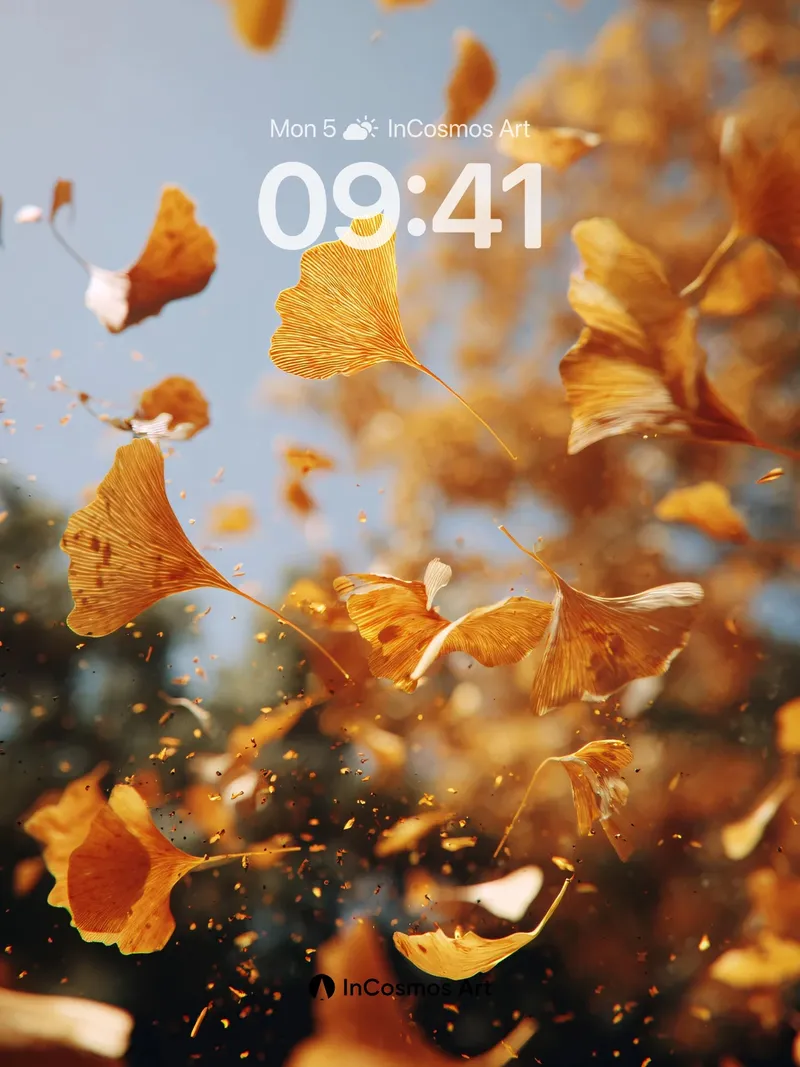 Golden Whirl Wallpaper with Floating Ginkgo Leaves