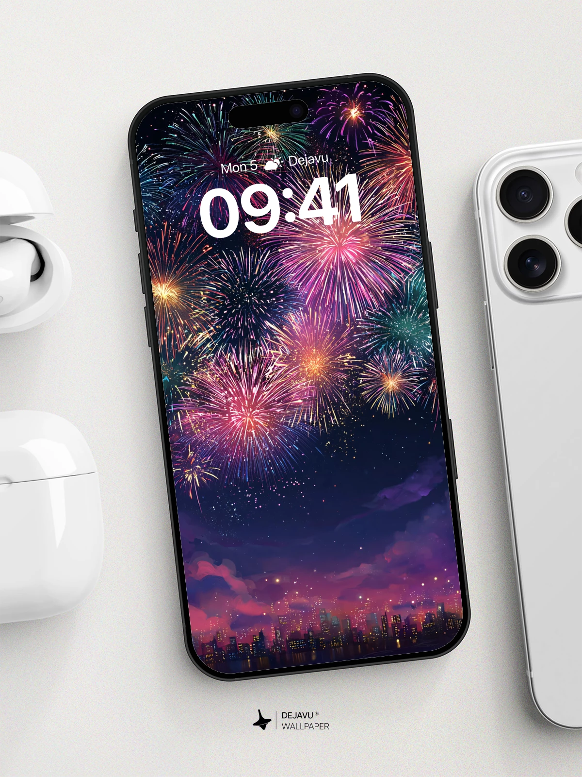 Colorful Fireworks Over City Skyline Wallpaper 8K for iPhone and Android