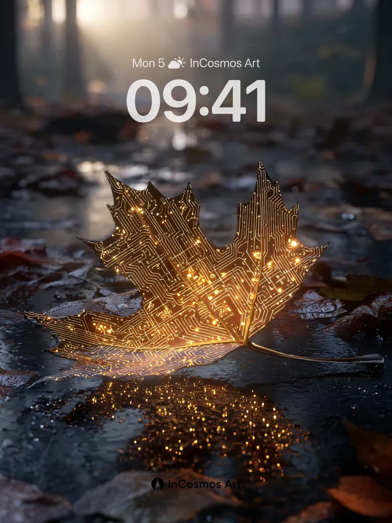 Golden Circuit Leaf Wallpaper with Glowing Veins