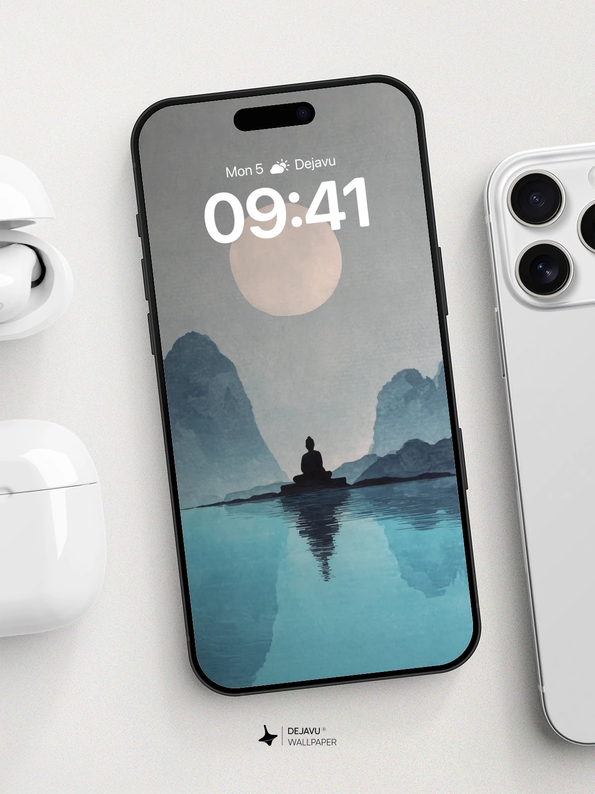 Meditative Moonlit Mountain Wallpaper 8K for iPhone and Android