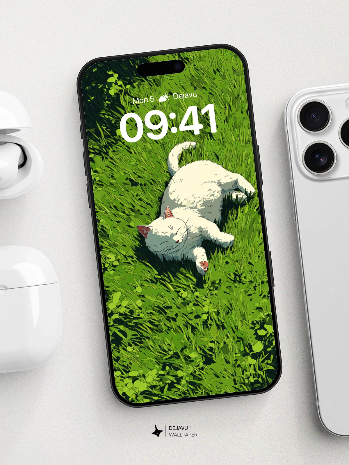 Serene White Cat in Lush Grass Wallpaper 8K for iPhone and Android
