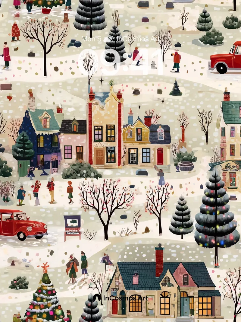 Nostalgic Winter Village Wallpaper with Snow-Dusted Charm