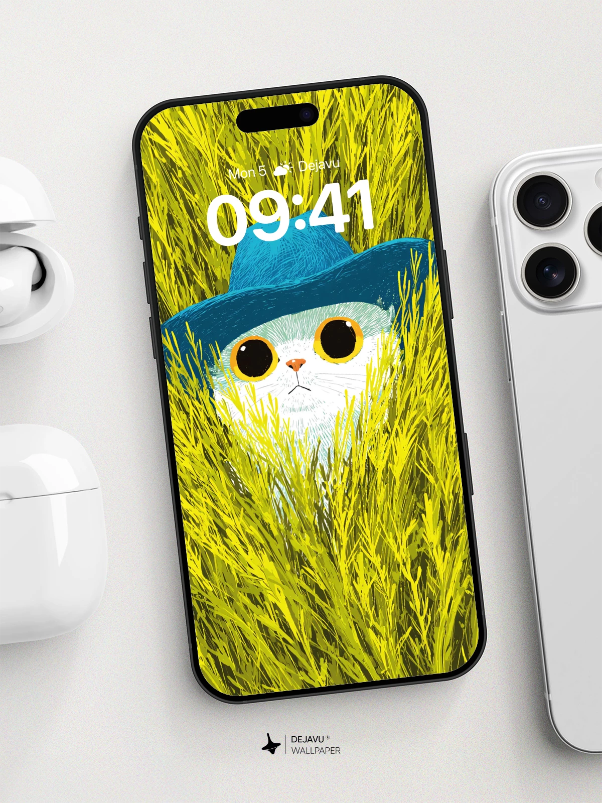 Whimsical Cat in Grass Wallpaper 8K for iPhone and Android