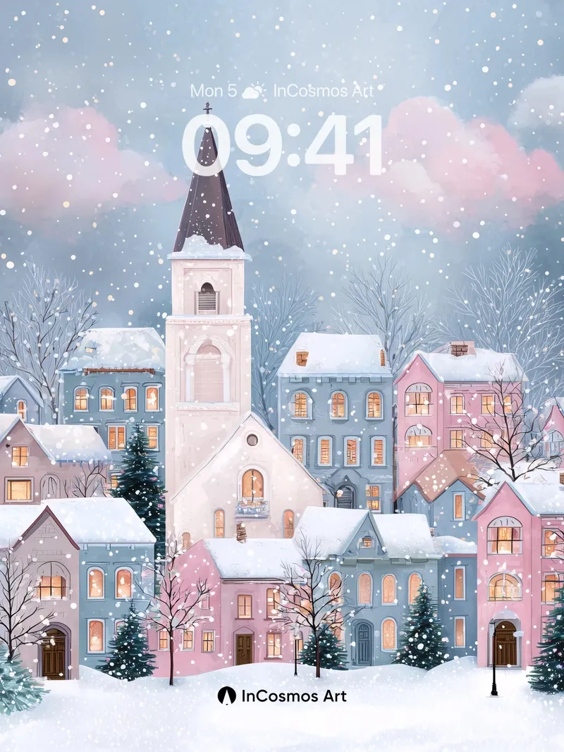 Serene Snowfall Wallpaper with Lit Windows