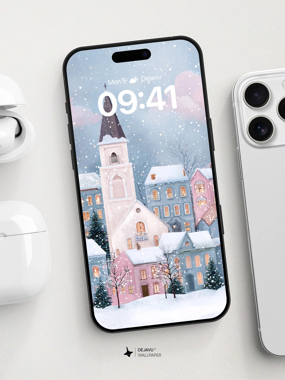 Winter Village Church Wallpaper 8K for iPhone and Android