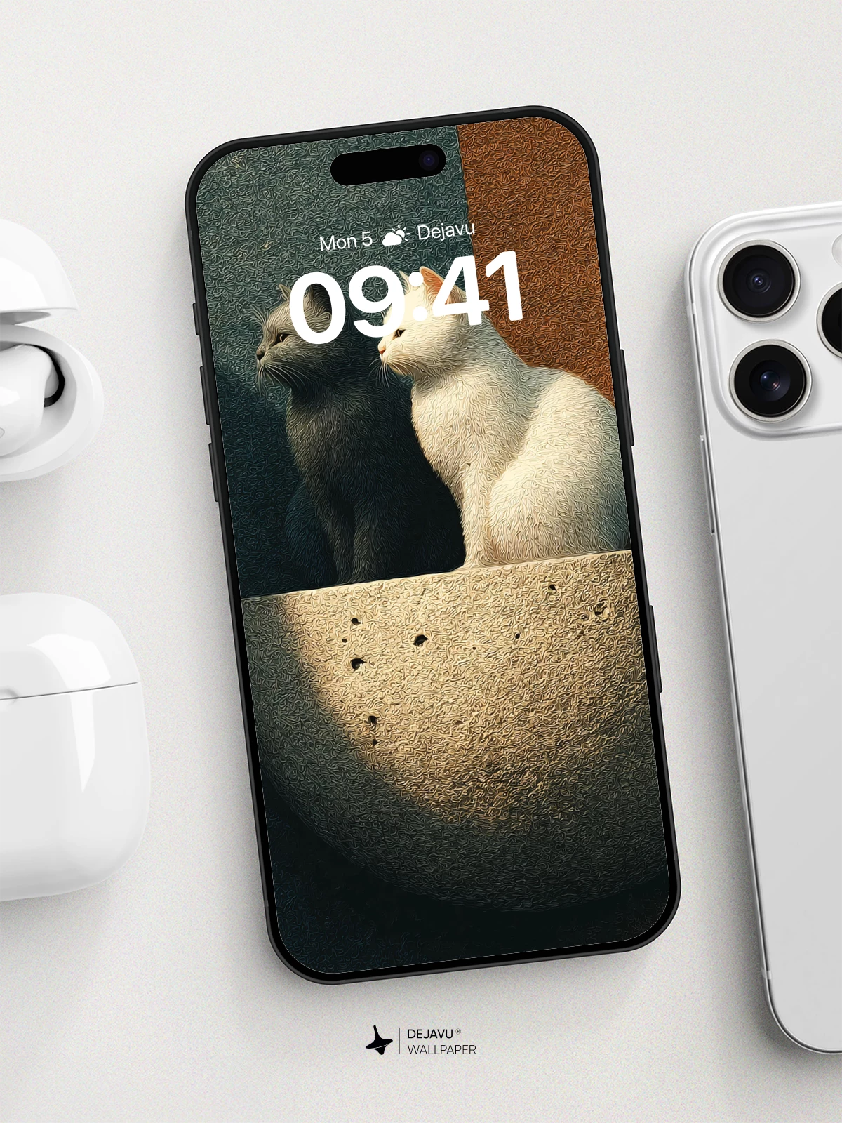 Dual Cats in Stone Bowl Wallpaper 8K for iPhone and Android