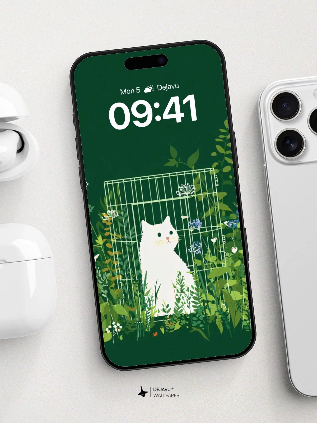 Whimsical Garden Cat Wallpaper 8K for iPhone and Android