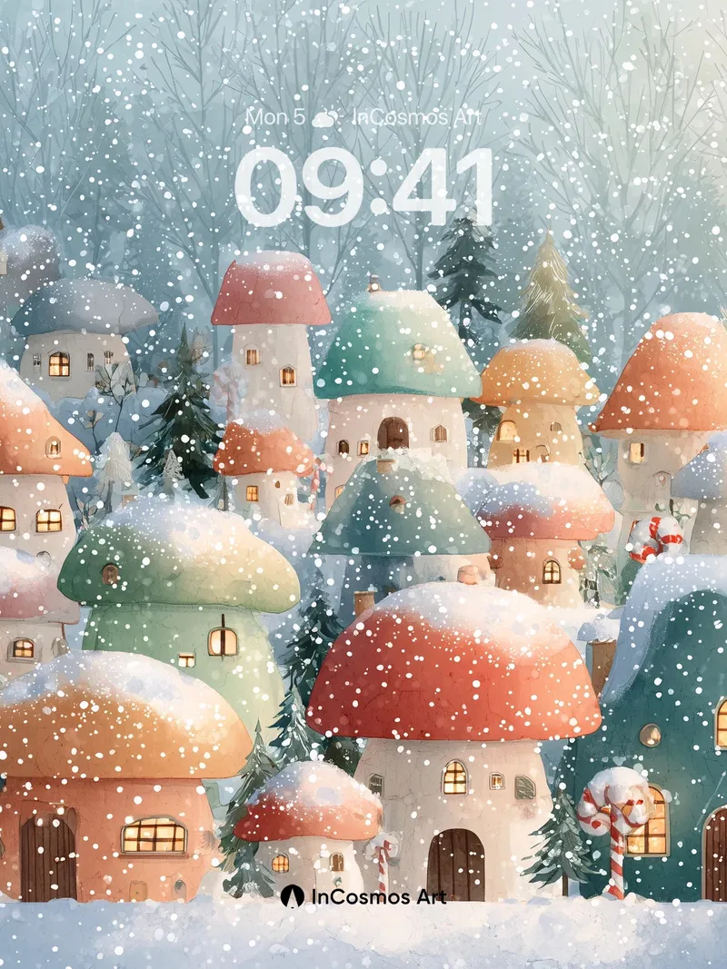 Whispering Snowfall Wallpaper with Mushroom Villages