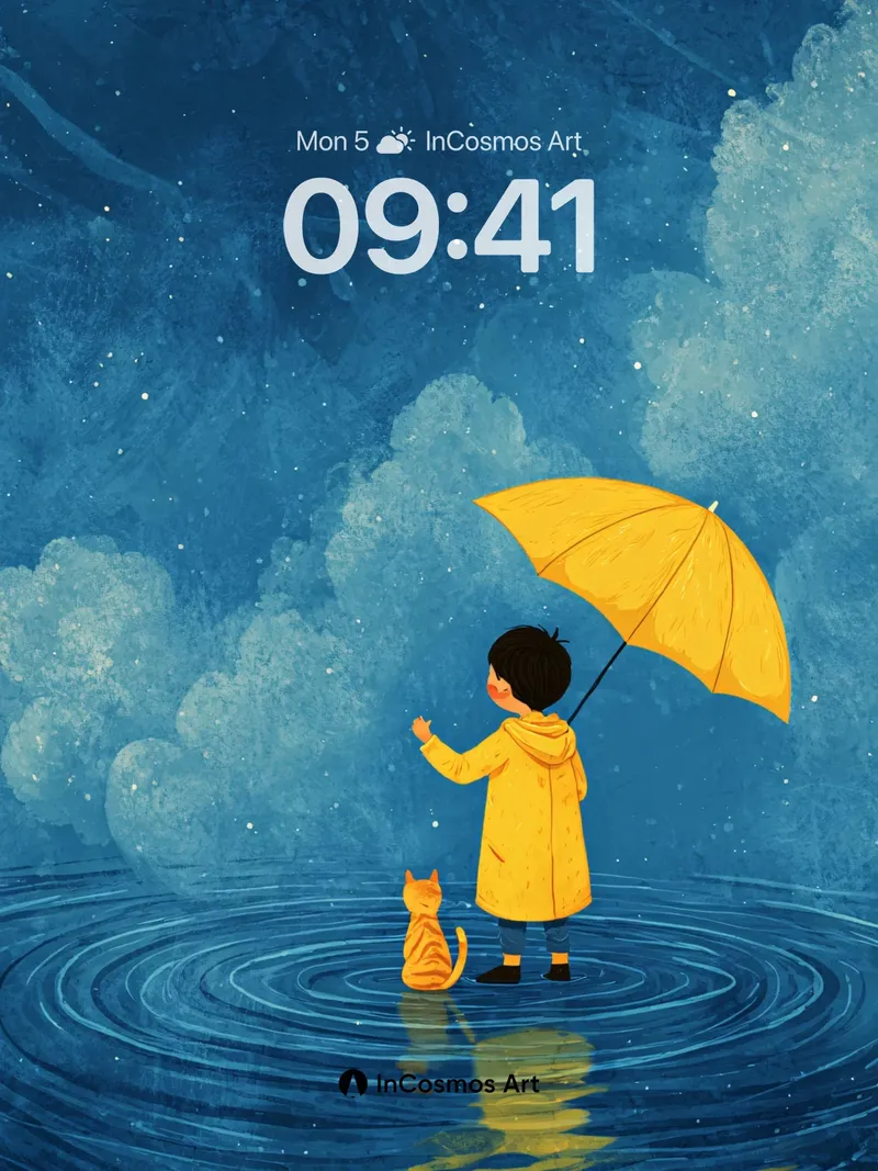 Serenity Rainfall Wallpaper with Golden Umbrella