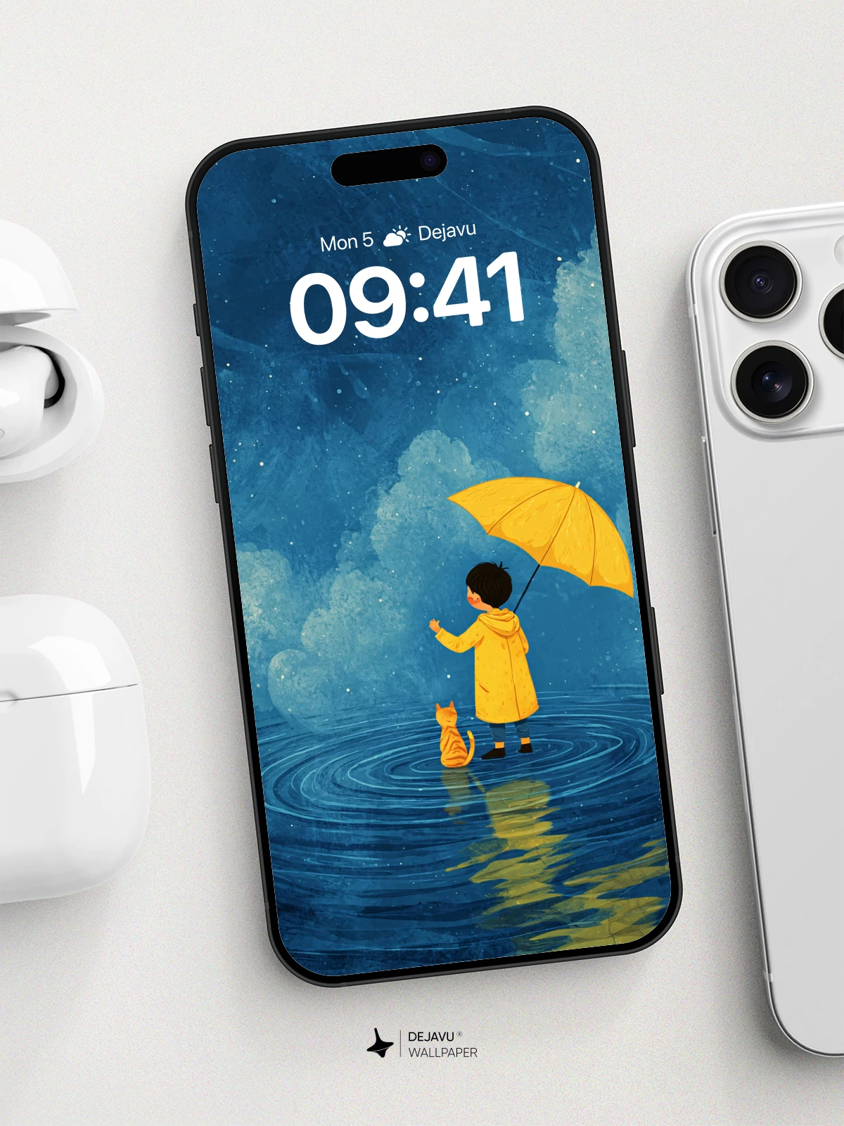 Whimsical Rainy Night With Yellow Umbrella Wallpaper 8K for iPhone and Android