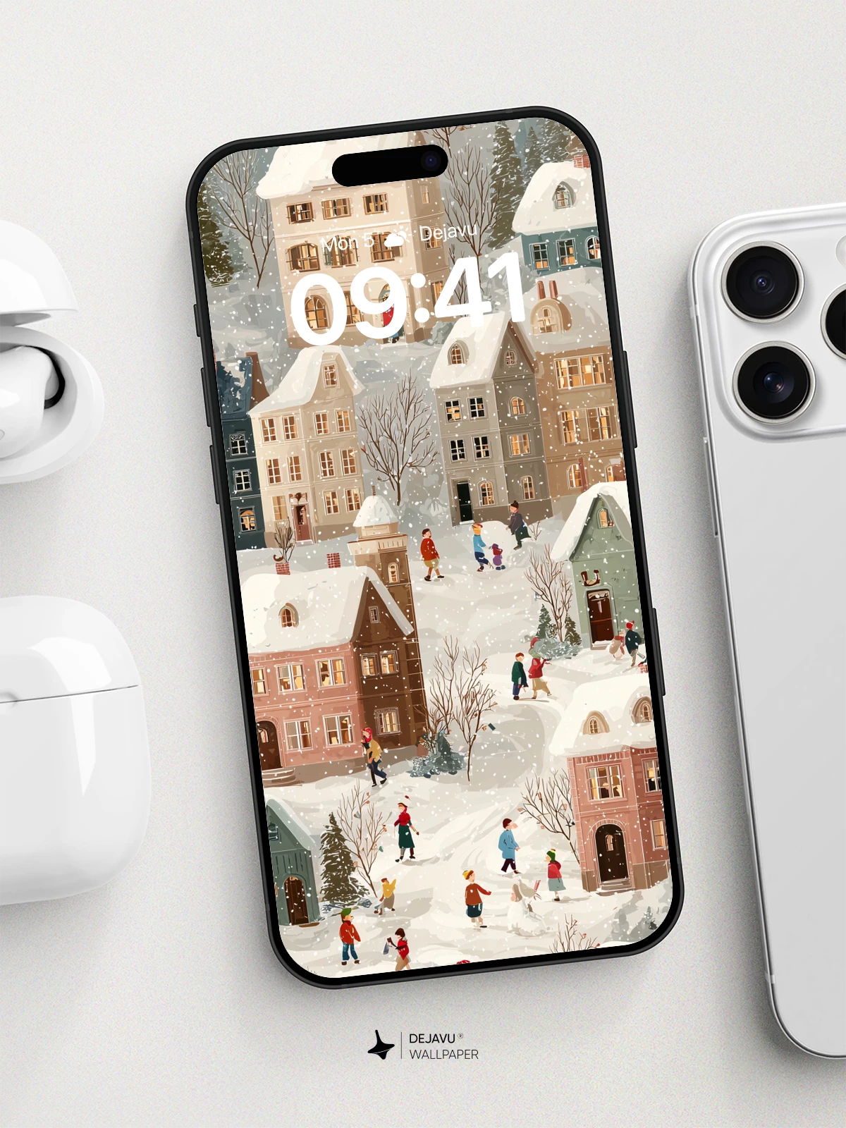 Winter Village Scene Wallpaper 8K for iPhone and Android